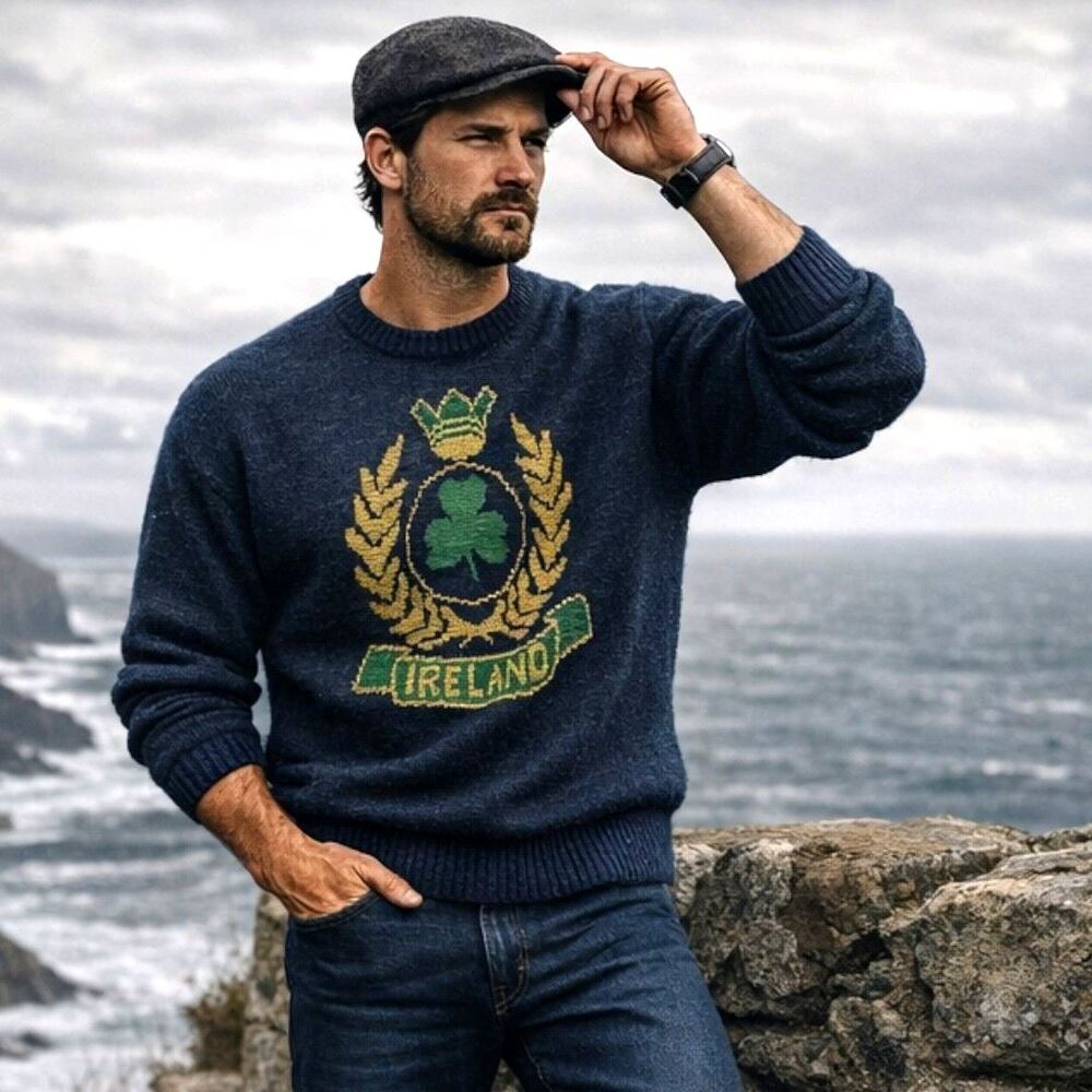 Vtg Wool 90s Irish Blarney Castle Sweater XXL Blue Crest Clover Made in Ireland